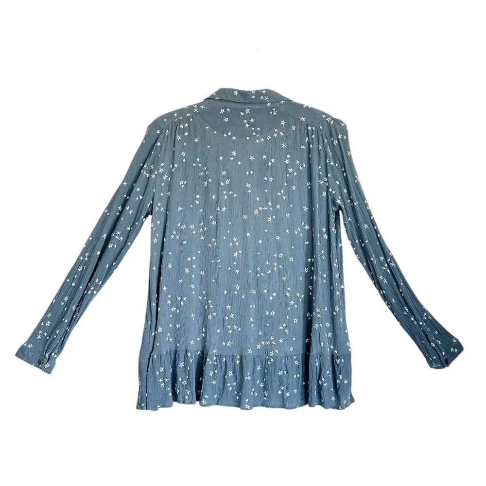 Free People Women's Star Print Crinkle Ruffle Long Sleeve Top in Blue - Sz S - Picture 3 of 5